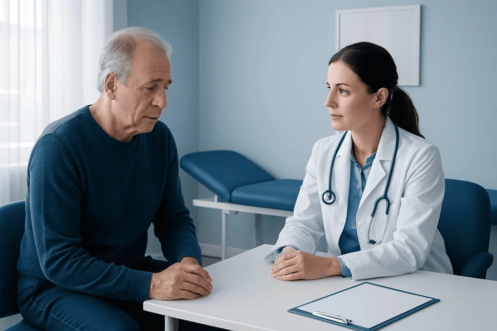 Doctor consulting with an elderly male patient in a medical office.