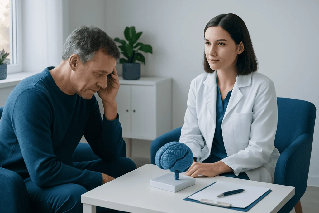 Neuropsychologist explaining brain functions to patient in consultation.