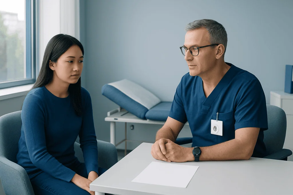 Doctor consulting with a young female patient in a medical office.