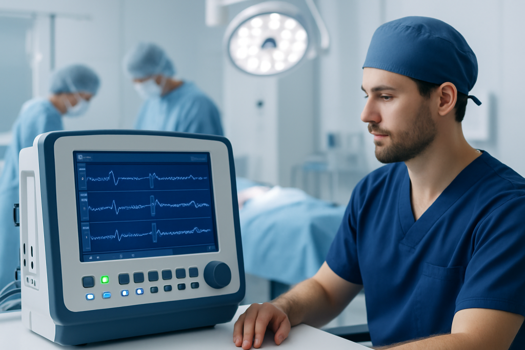 Neurophysiologist monitoring patient during surgery at Acibadem Hospital.