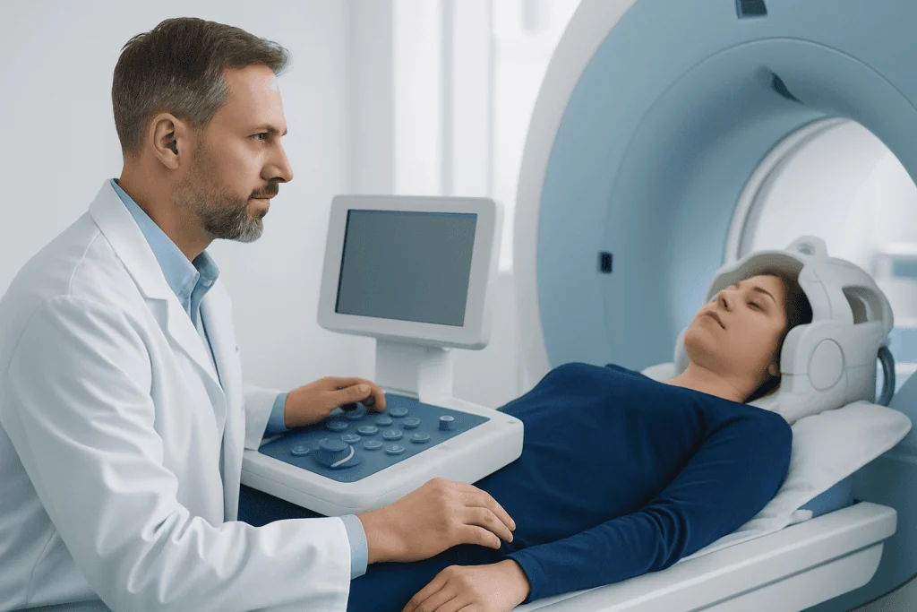Doctor performing MRI scan on patient in hospital setting.