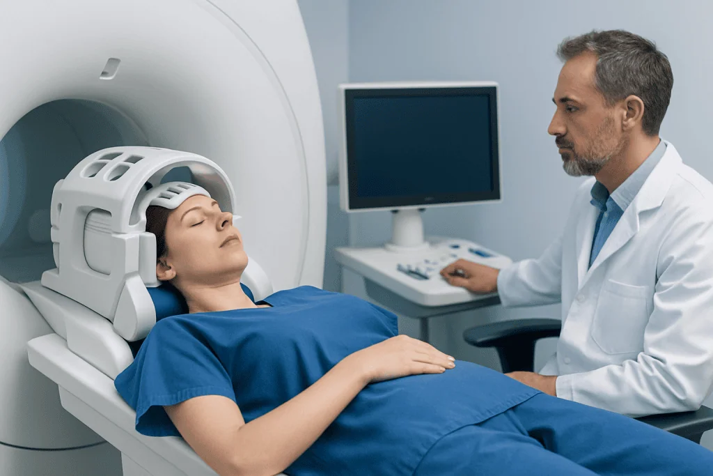 Patient undergoing neuropsychological testing in a medical facility.