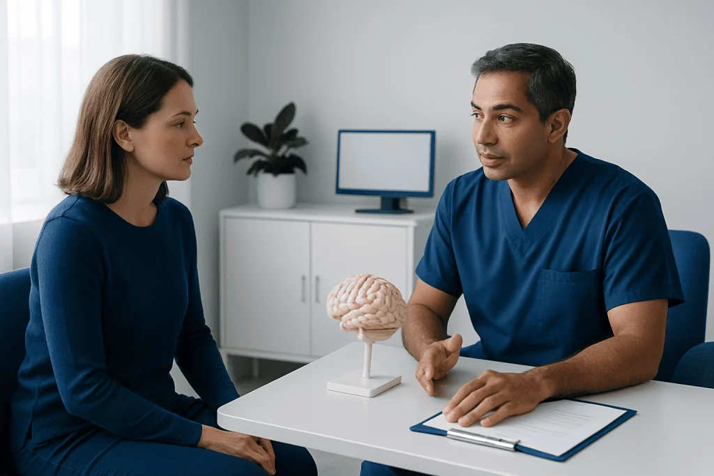 Neurologist explaining brain treatment options to a patient in a consultation room.