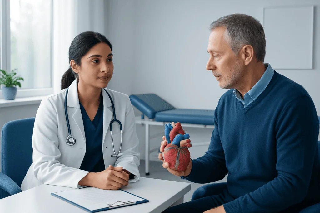 Doctor explaining heart model to patient in a medical consultation room.