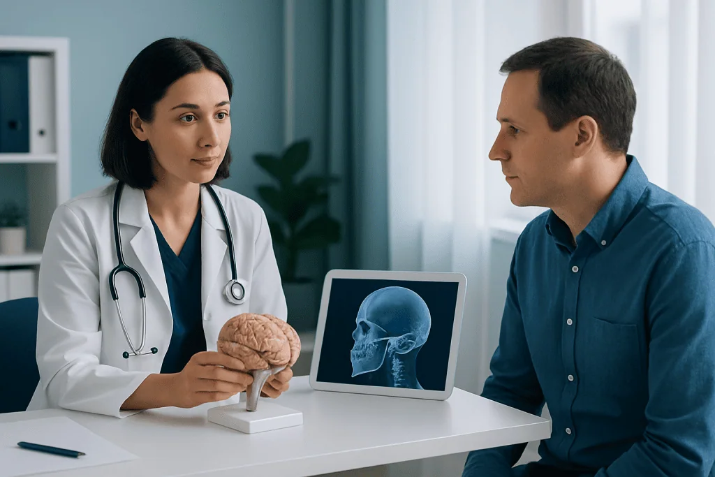 Neurologist explains brain anatomy to patient during consultation at Acibadem Hospital.