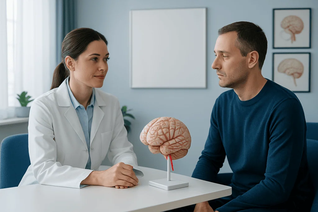 Doctor explaining brain surgery options to patient with brain model.