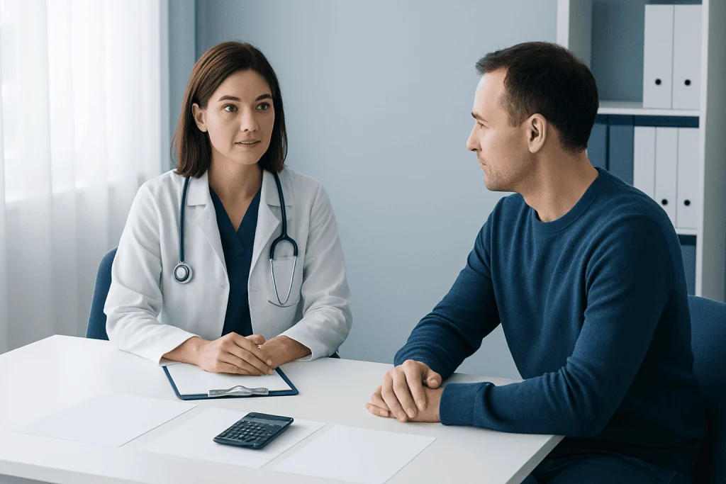 Doctor consulting with patient in a medical office setting.