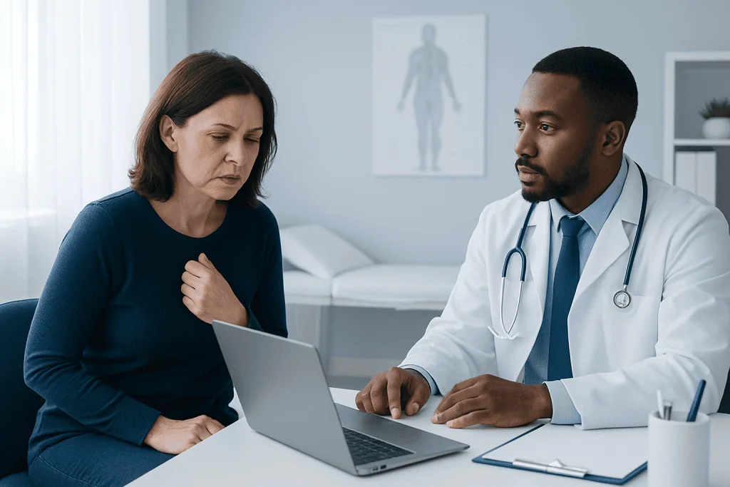 Doctor consulting with a woman patient about symptoms in a medical office.
