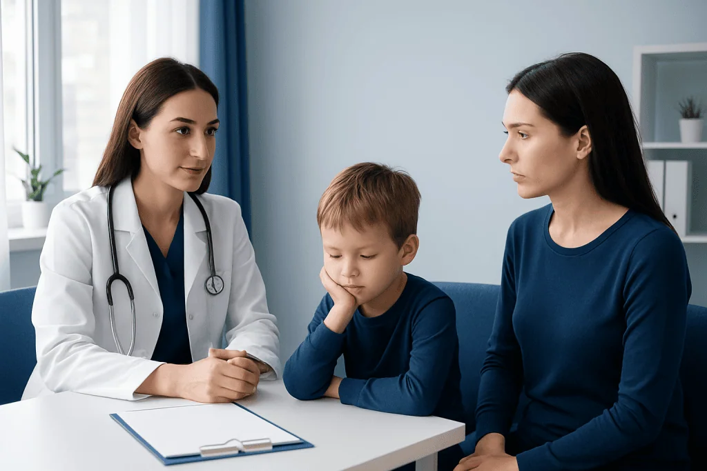 Doctor consulting with a mother and child about picky eating in children.
