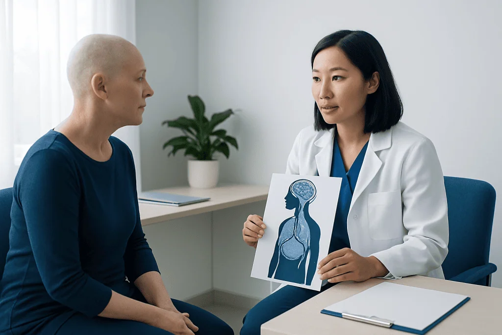 Doctor explaining breast cancer diagram to patient in consultation room.