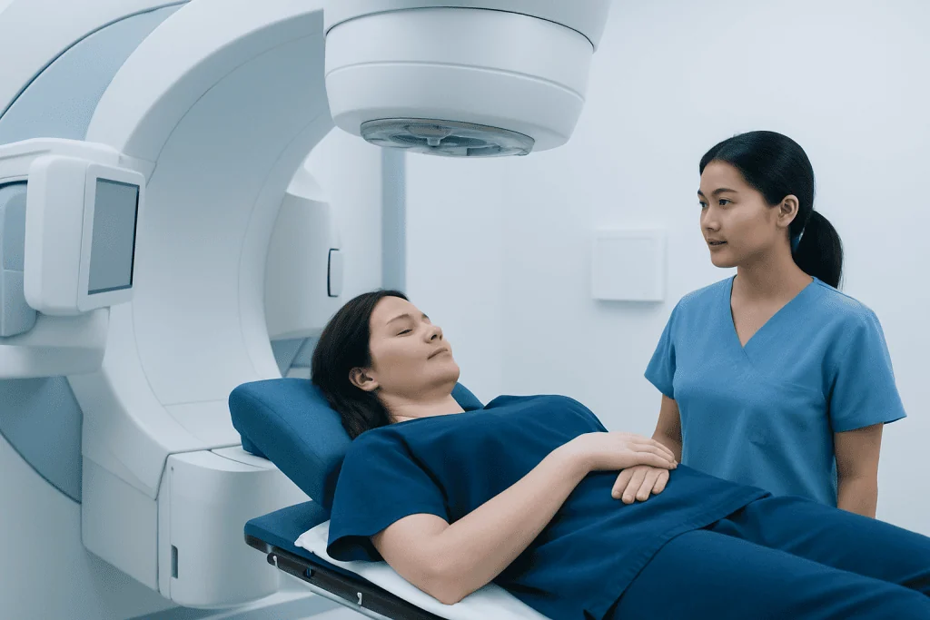 Patient undergoing radiation therapy in a modern medical facility.