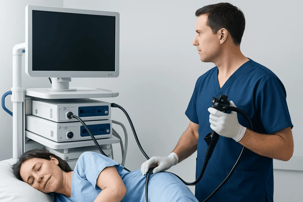 Doctor performing a colonoscopy on a patient in a hospital setting.