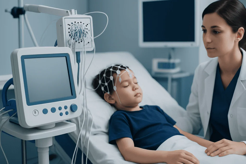 Pediatric patient undergoing neurological monitoring in hospital.