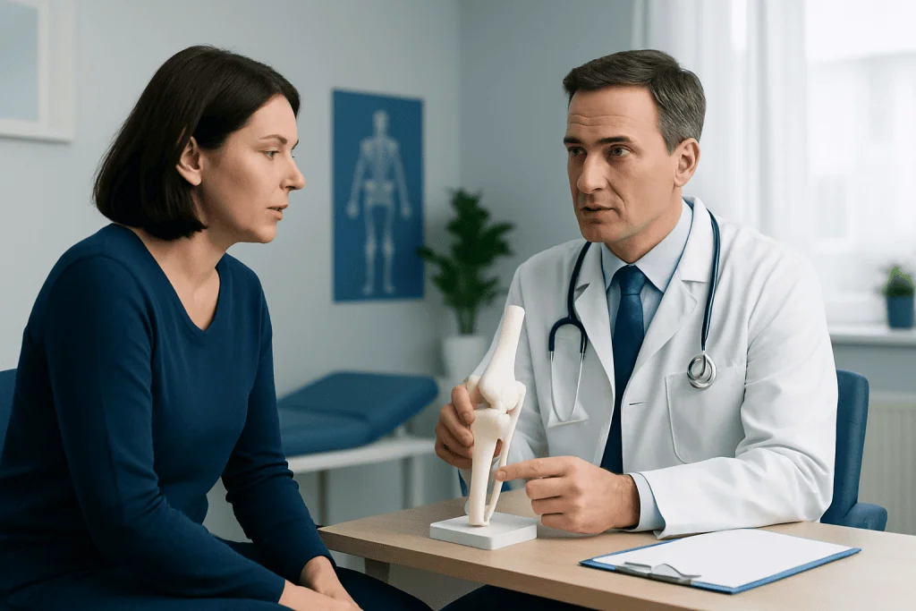 Orthopedist explaining knee joint to female patient in clinic.