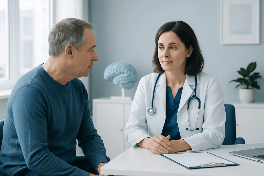 Doctor consulting with a male patient in a modern medical office.