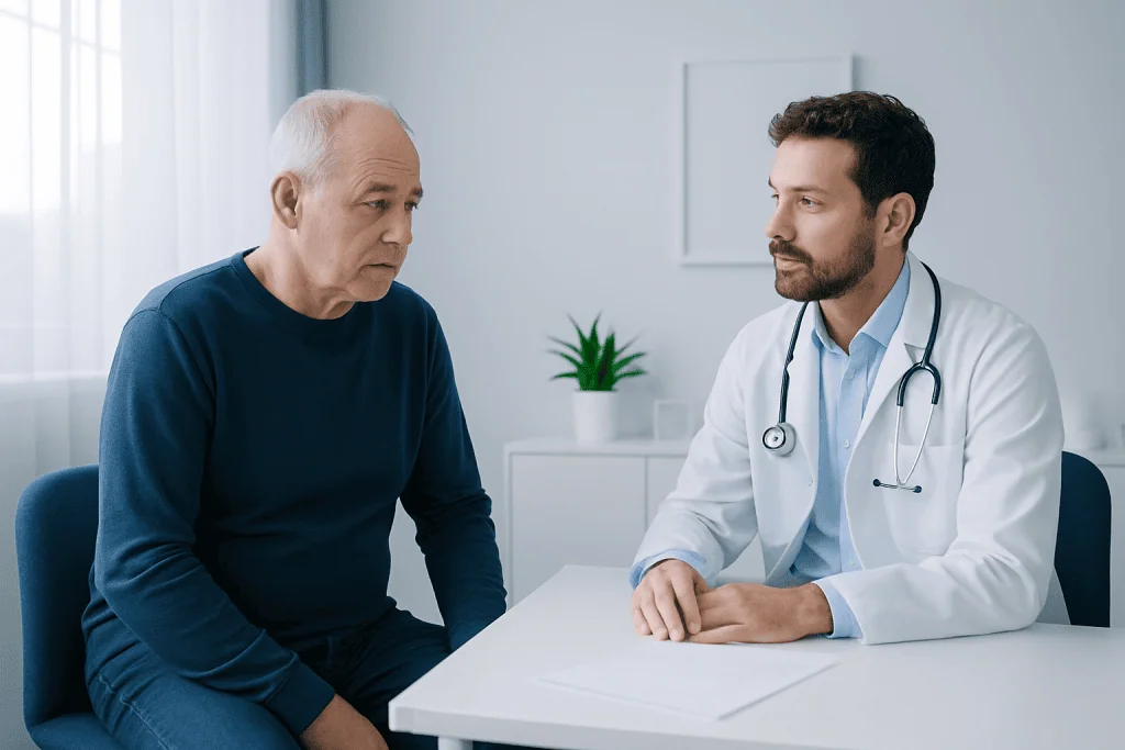 Doctor consulting with an elderly male patient in a medical office.