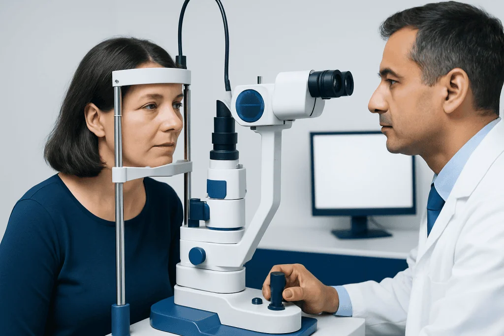 Ophthalmologist performs eye examination using slit lamp on patient.