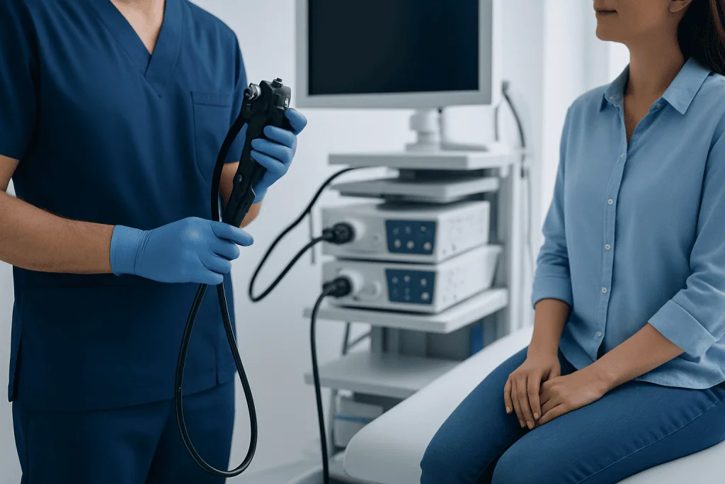 Endoscopy procedure being performed by a healthcare professional.
