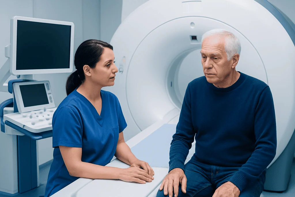Medical professional consulting elderly patient before MRI scan at Acibadem Hospital.