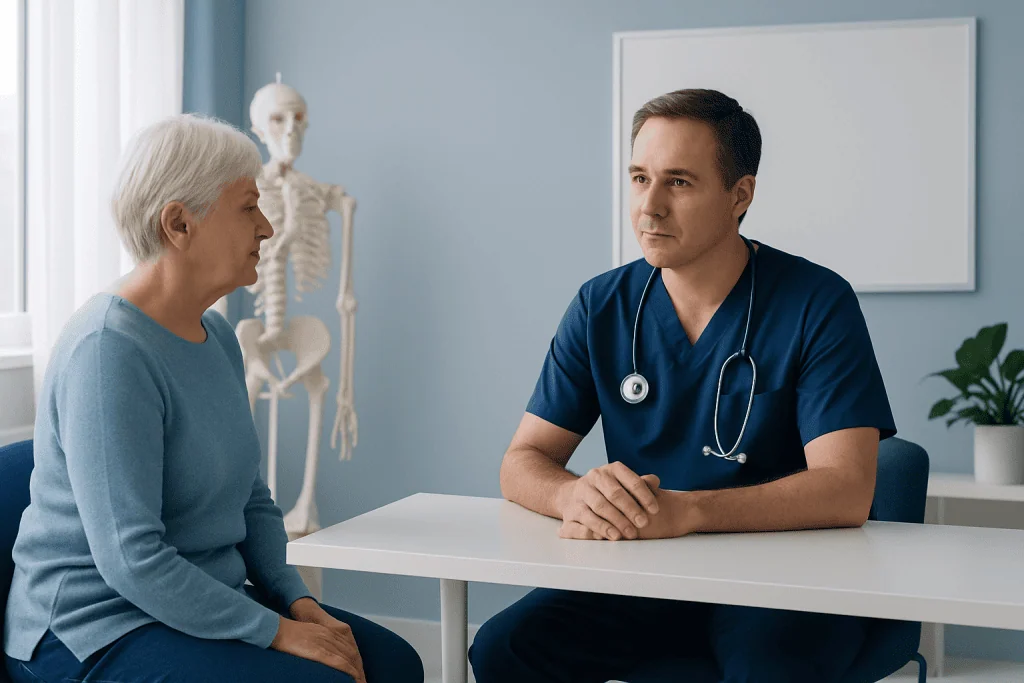 Orthopedic consultation between doctor and elderly patient in clinic.