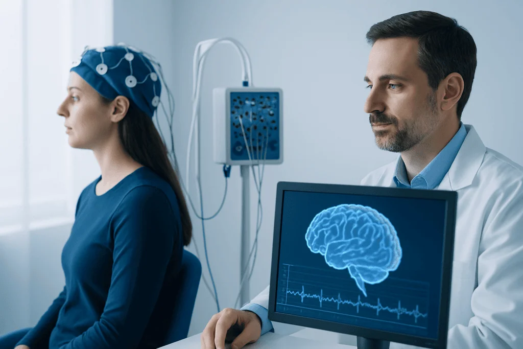 Neuropsychologist with patient during brain assessment at Acibadem Hospital.