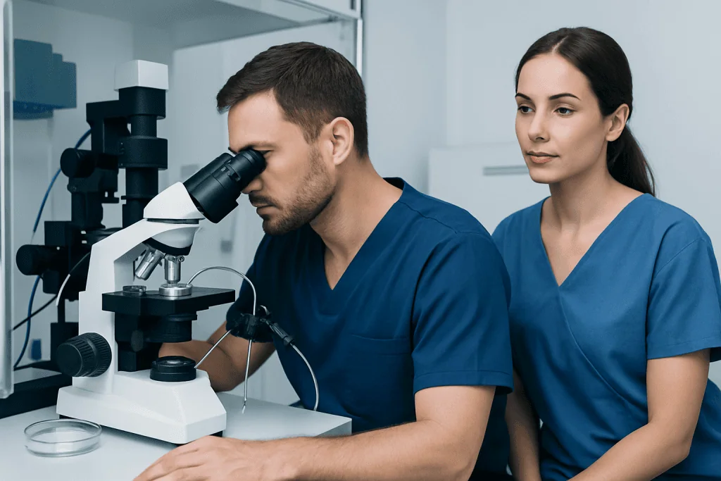 Medical professionals examining samples with a microscope in a laboratory setting.