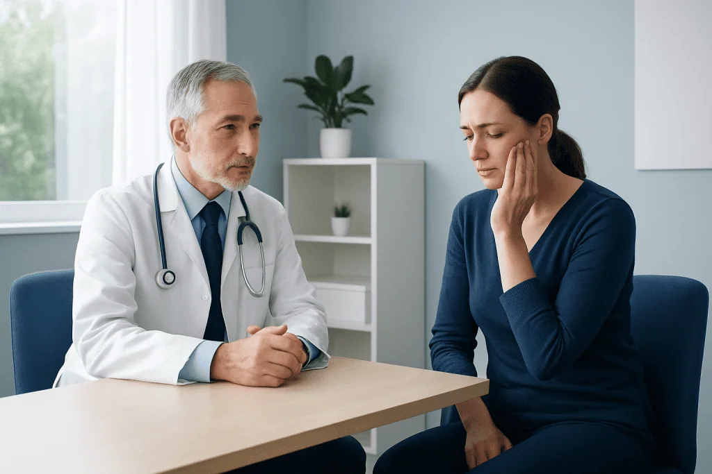 Doctor consulting with a patient about trigeminal neuralgia treatment options.