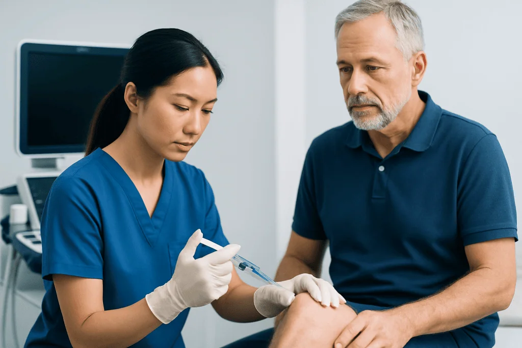 Medical professional administering joint injection to a patient in a clinical setting.