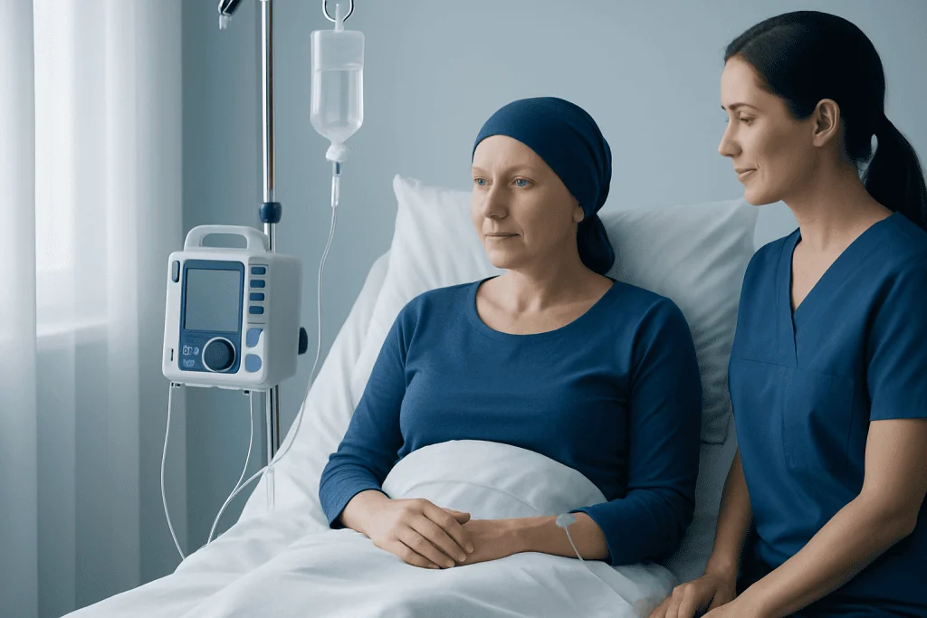 Patient in hospital bed with nurse, receiving supportive care for cancer.