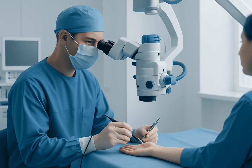 Surgeon performing hand surgery with microscope at Acibadem Hospital.