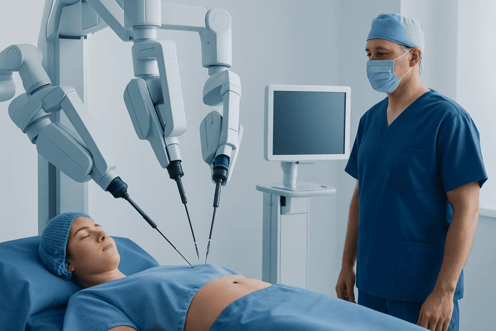 Robotic surgical system performing minimally invasive procedure on patient.
