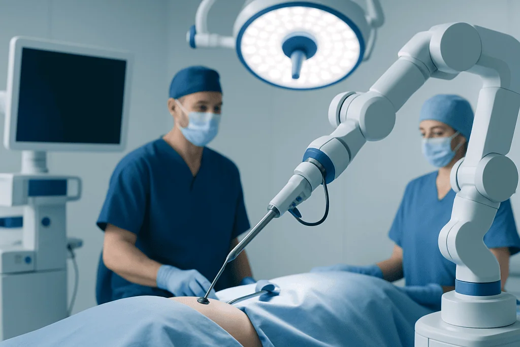 Surgeons performing minimally invasive surgery with robotic assistance in an operating room.
