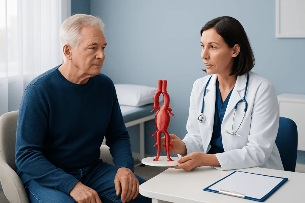Doctor explaining aortic aneurysm to an elderly male patient with a model of the aorta.