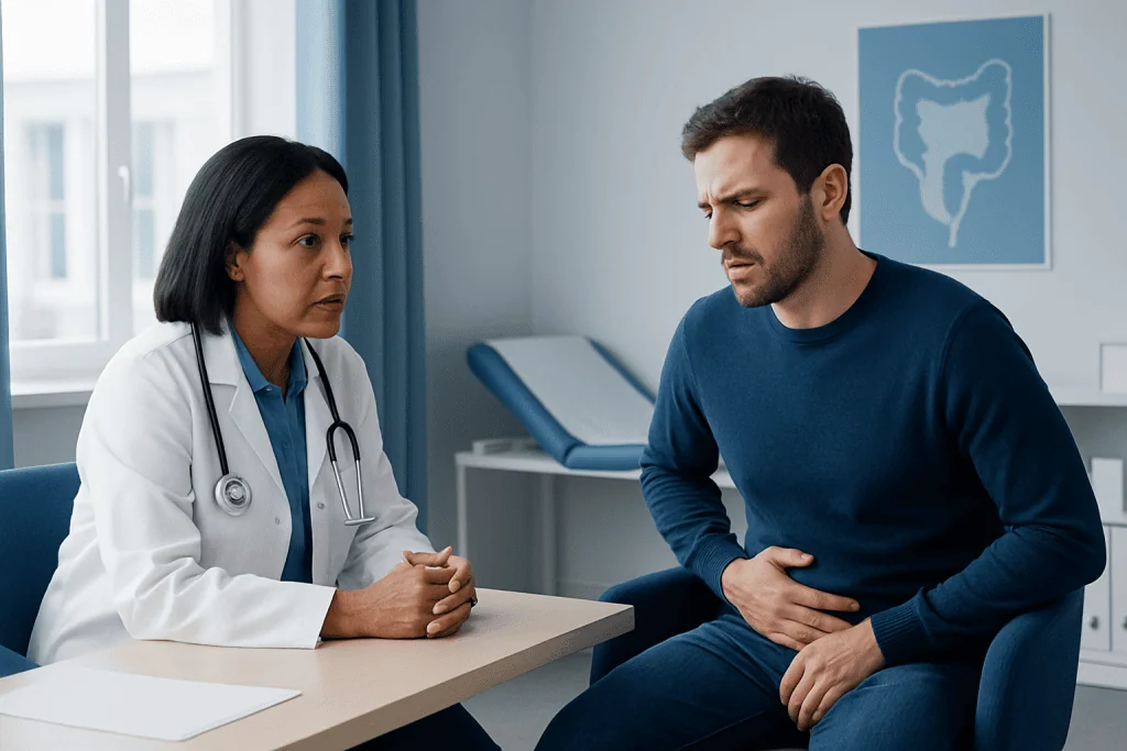 Doctor consulting with male patient about colon health in clinic.