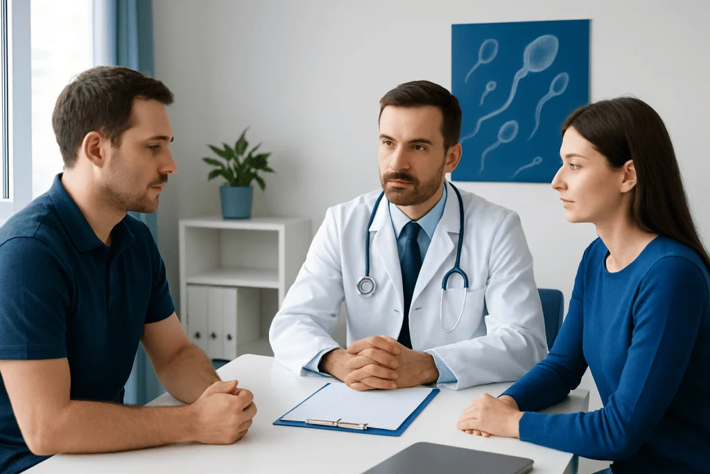 Doctor consulting with couple about fertility health in clinic.