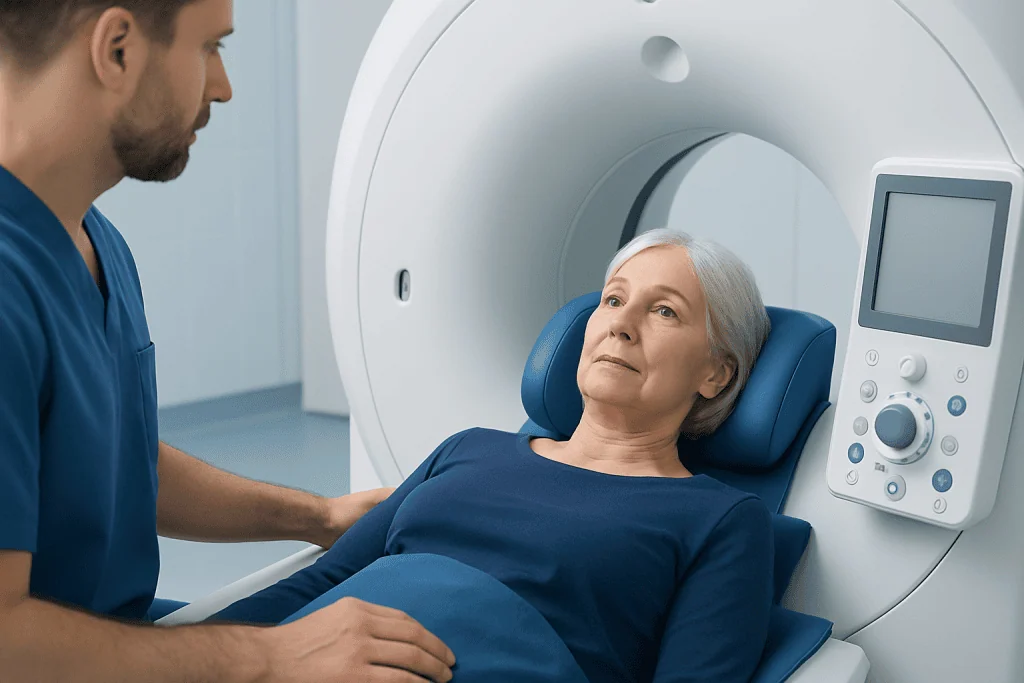 Senior woman undergoing MRI scan in a hospital setting.