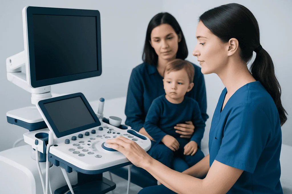 Pediatric ultrasound examination at a hospital with a mother and child present.