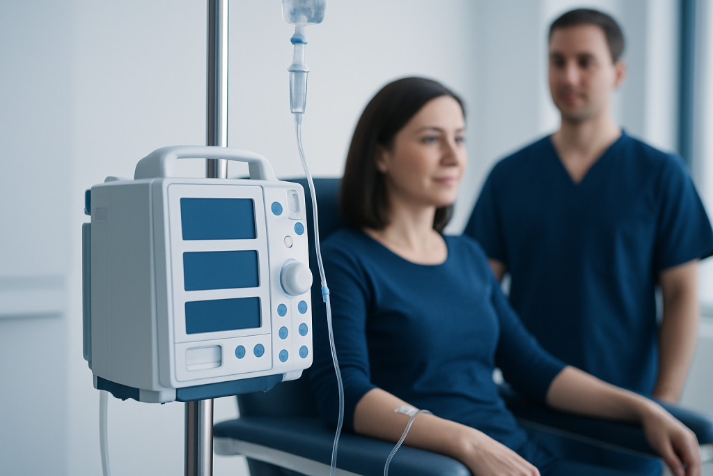 Patient receiving IV therapy in a hospital setting with medical staff nearby.