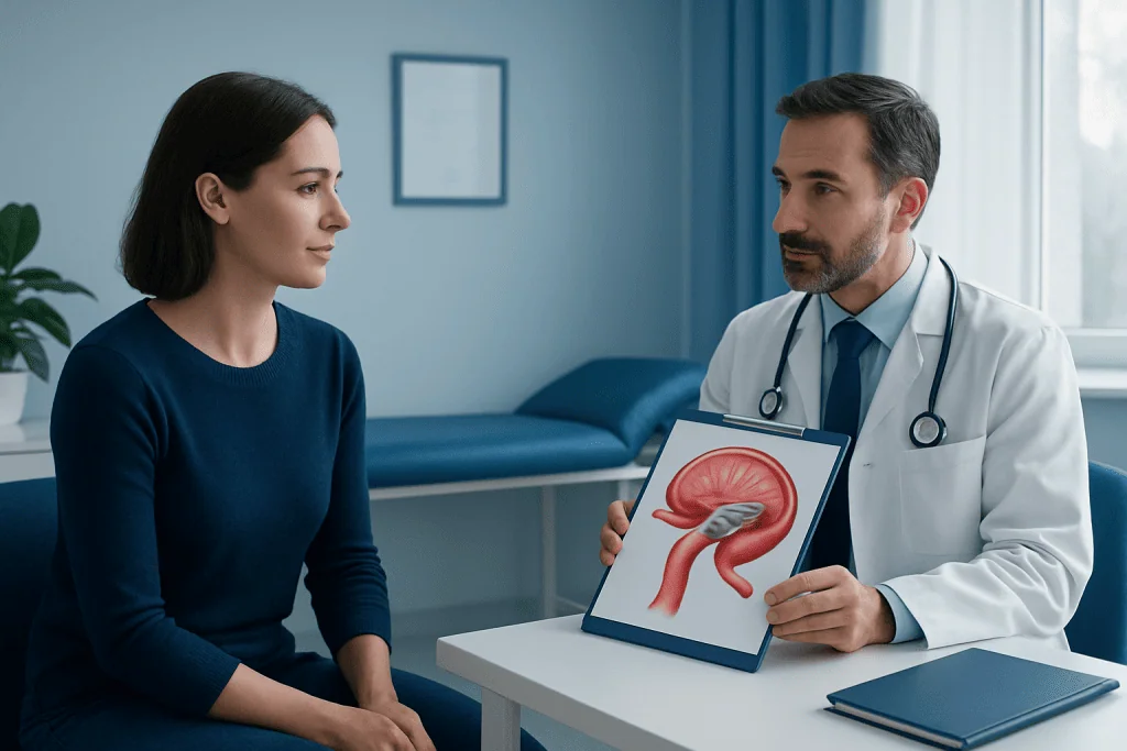 Doctor explaining brain anatomy to patient in a medical consultation.