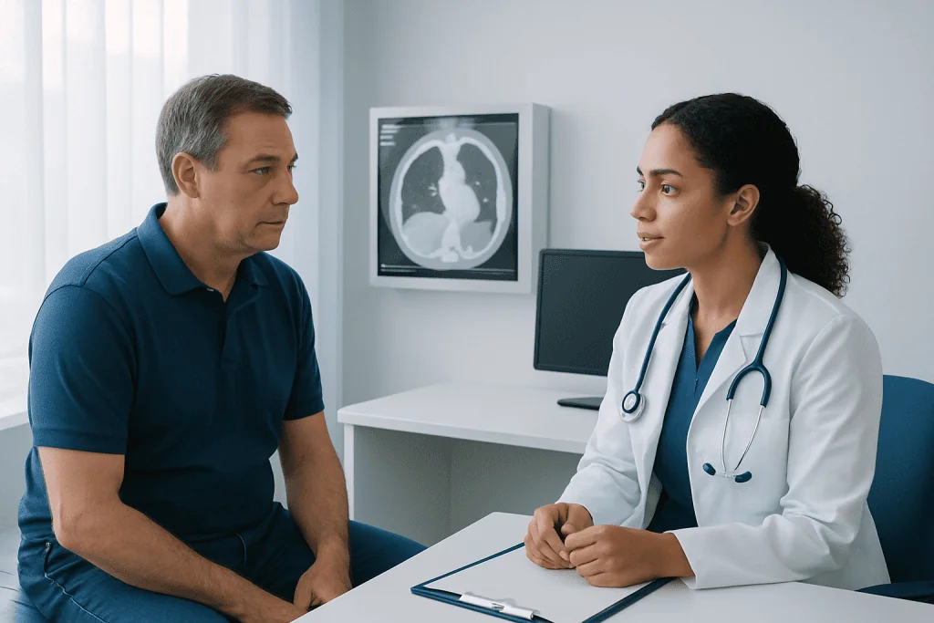 Doctor discussing medical scan results with patient in a clinical setting.