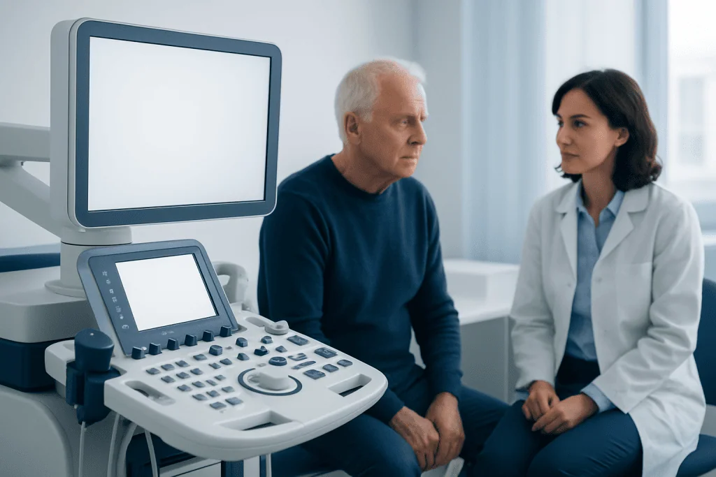 Doctor consulting elderly patient with ultrasound machine in clinic.