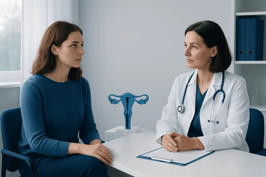 Gynecologist consulting with a patient in a medical office.