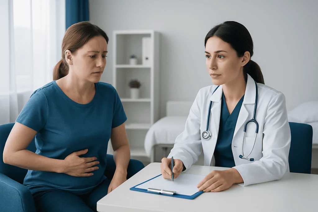 Doctor consulting with a patient about medication side effects during recovery.