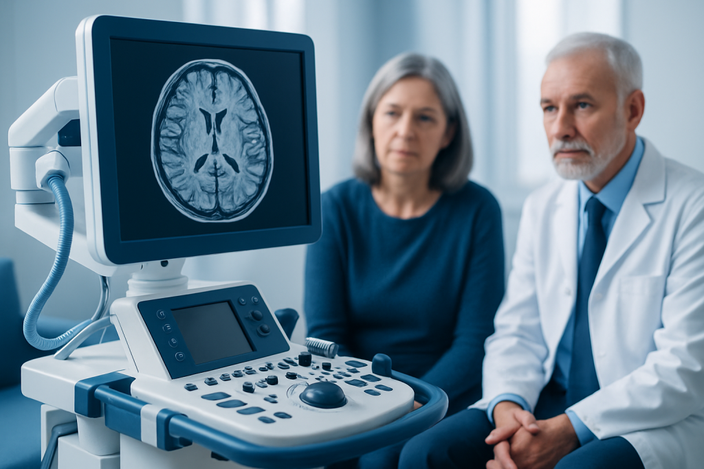 Doctor and patient discussing brain scan results in a medical office.