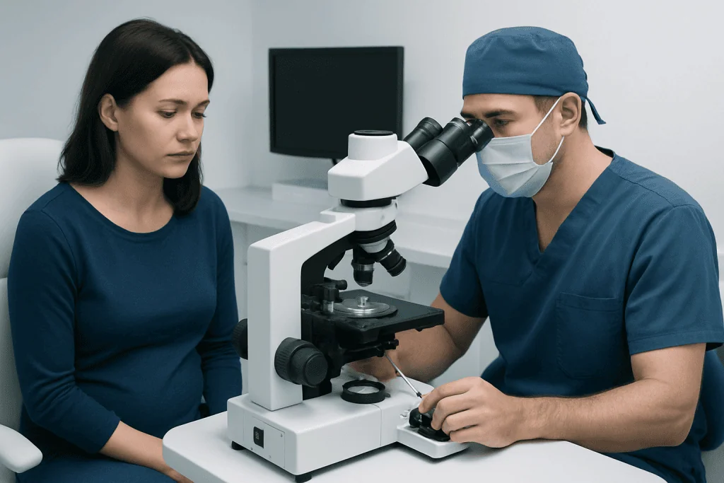 Doctor examining a patient with a microscope in a medical clinic setting.
