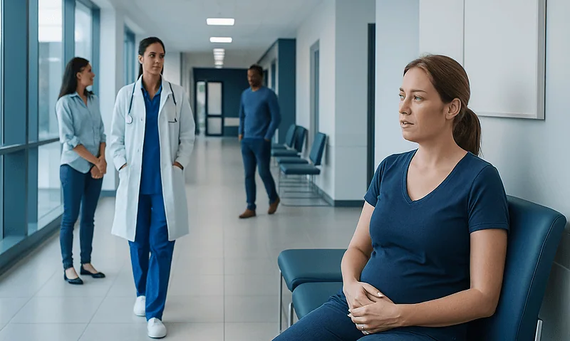 Patient waiting in hospital corridor with medical staff nearby.
