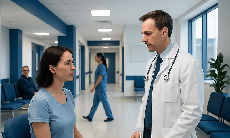 Doctor consulting patient in hospital corridor.