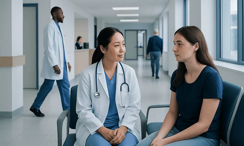 Doctor consulting a patient in a hospital corridor at Acibadem Hospitals Group.