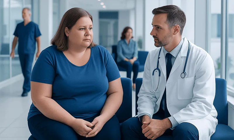 Doctor consulting with a patient in a hospital waiting area.