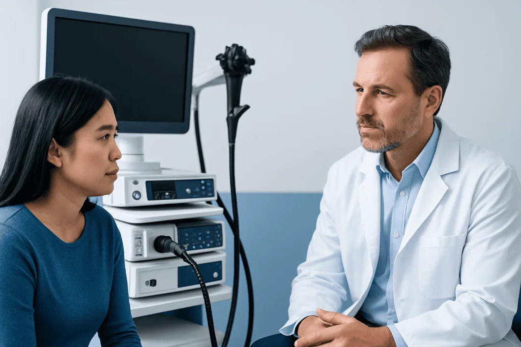 Gastroenterologist consulting a patient in a medical office.